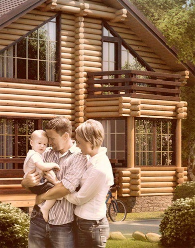 Family in front of a log house